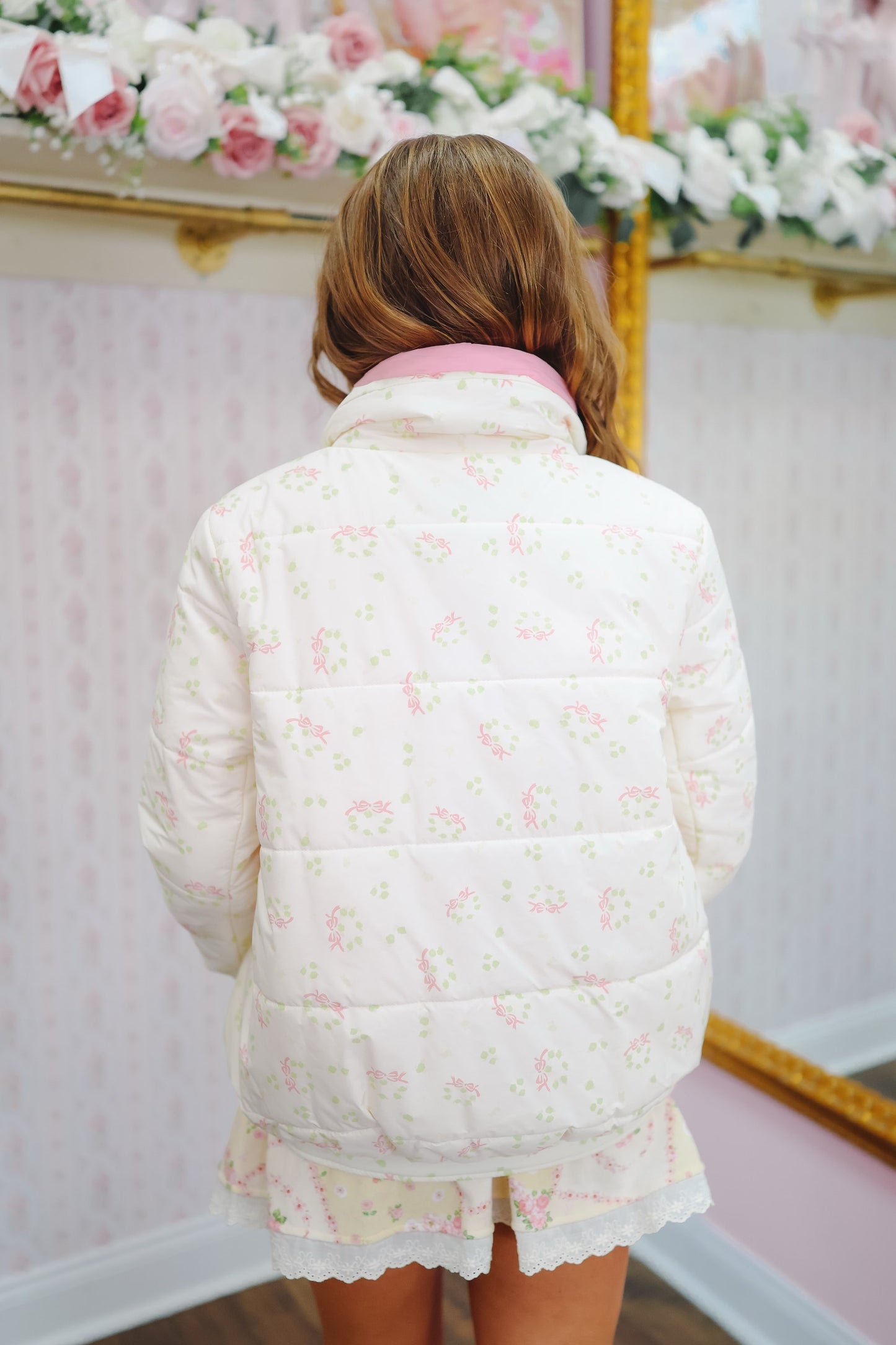Beth Bow Print Puffer Jacket - Cream