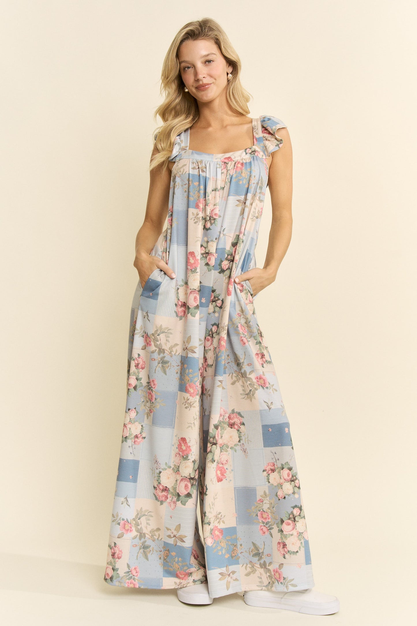 Steph Vintage Floral Wide-Leg Jumpsuit - Light Blue