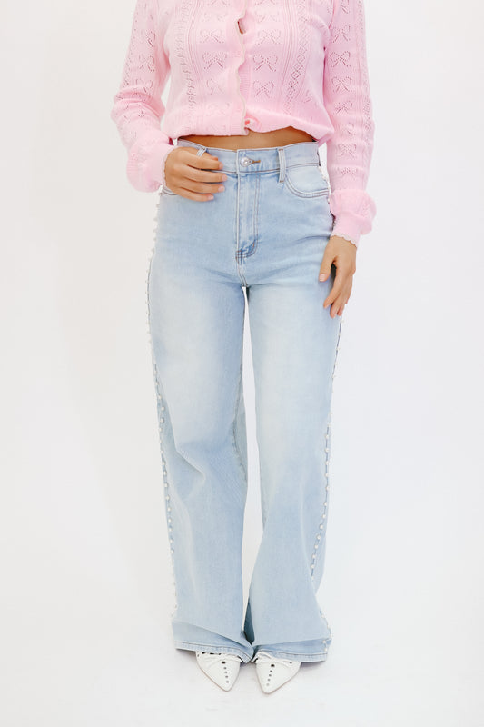 Reese Pearl Studded Wide Leg Jeans - Light Wash