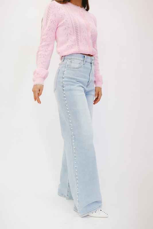 Reese Pearl Studded Wide Leg Jeans - Light Wash