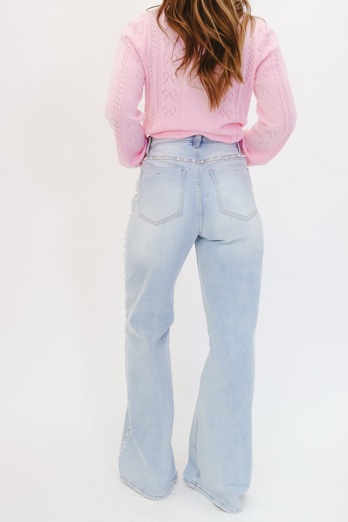 Reese Pearl Studded Wide Leg Jeans - Light Wash