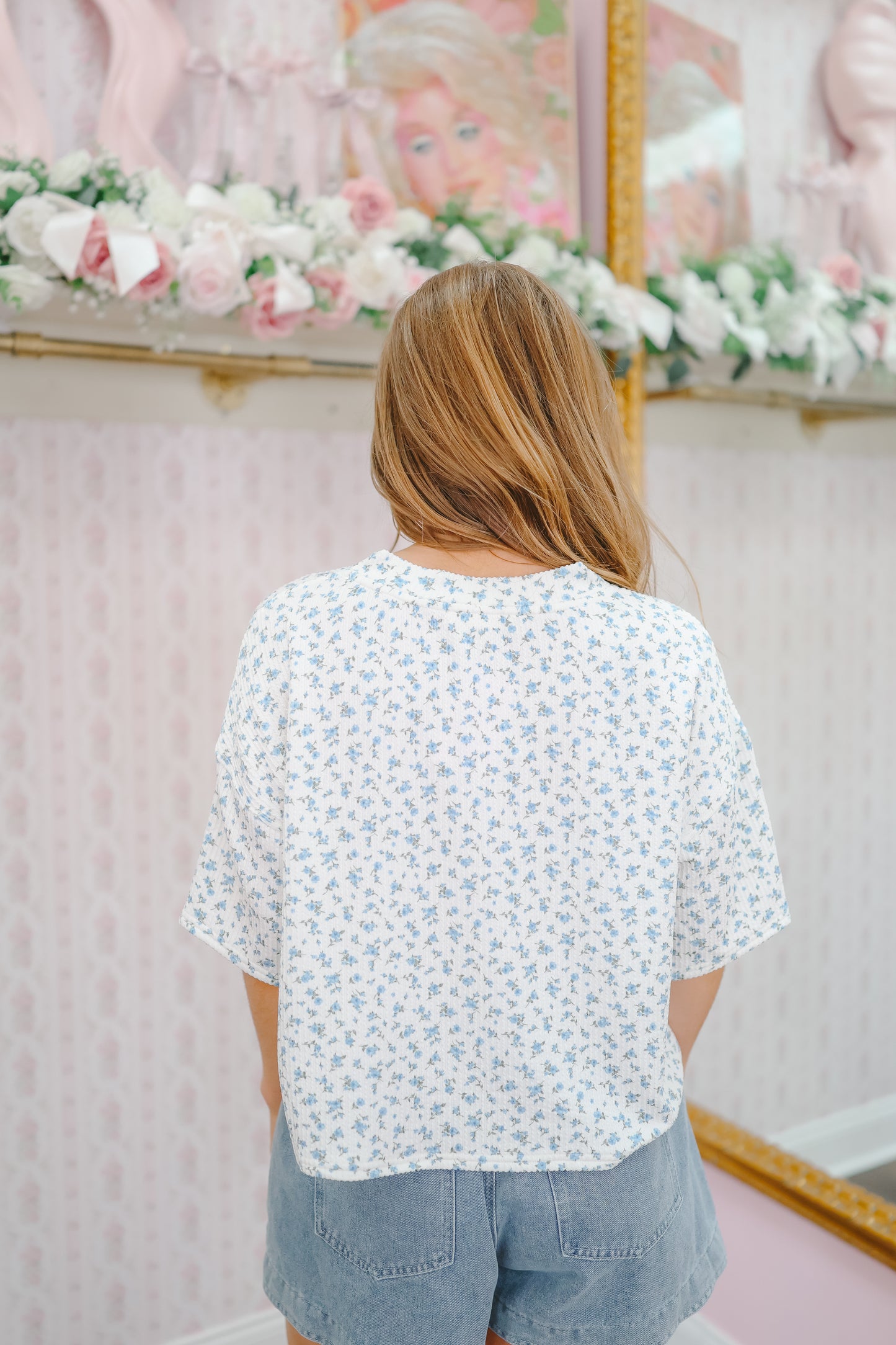 Cindy Floral Ribbed Henley Top - Blue