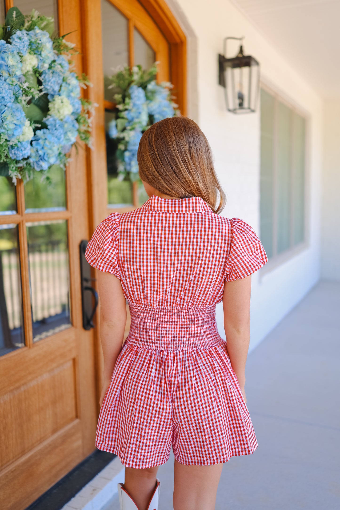 Marley Gingham Bubble Sleeve Smocked Romper - Red