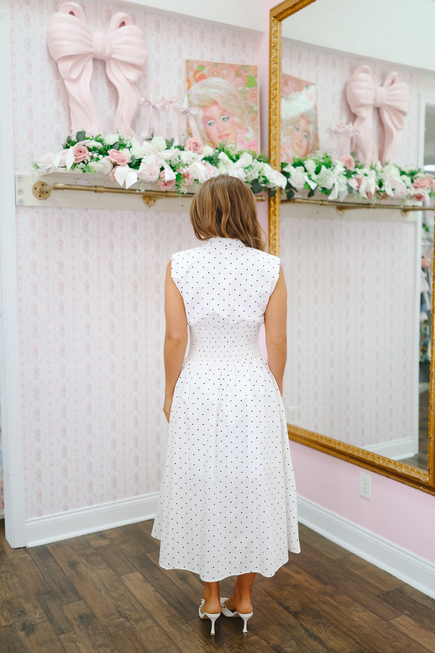 Aden Polka Dot V-Neck Smocked Zip Midi Dress - Off White/Black