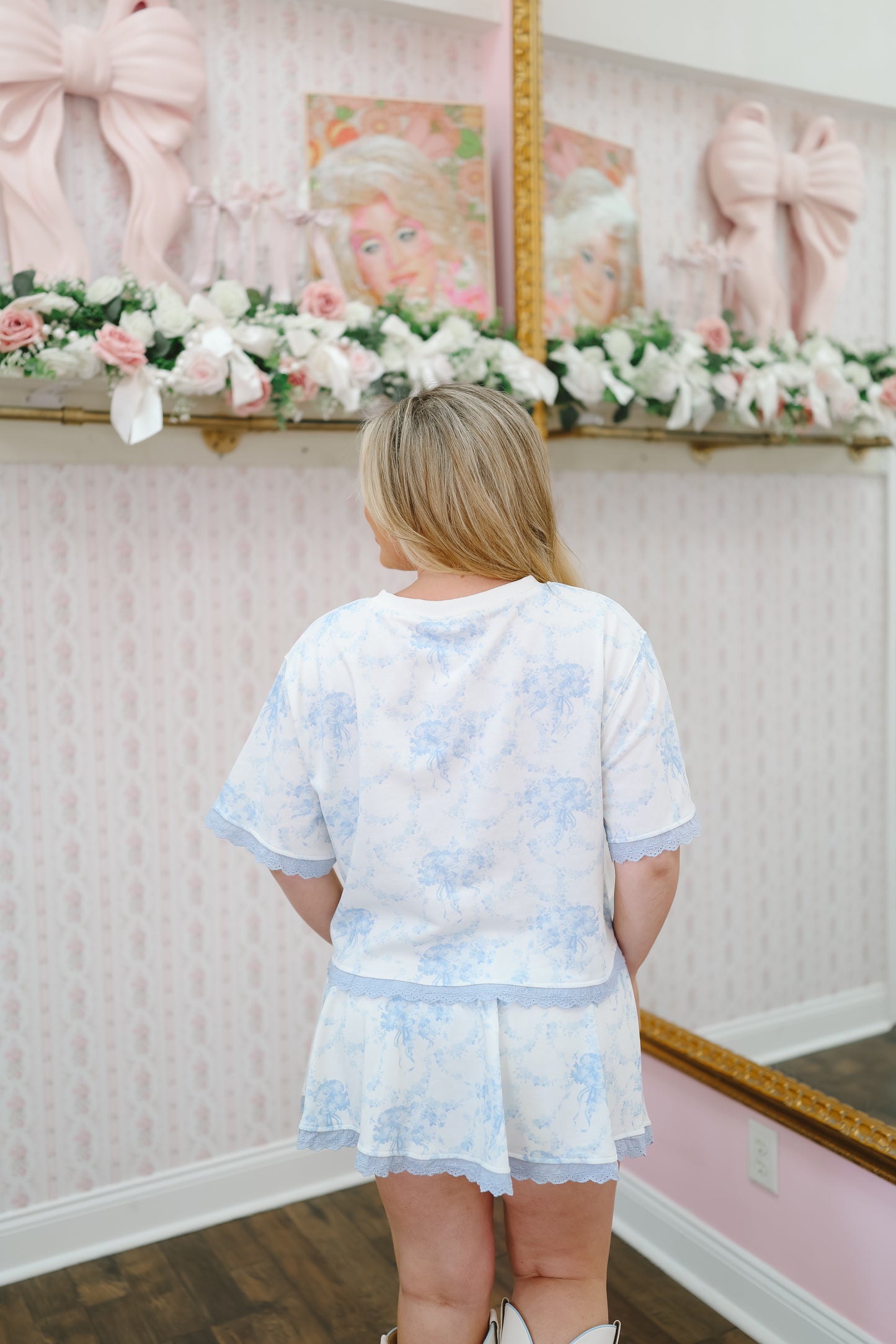 Jennifer Toile Lace Trim Skort Set - Blue