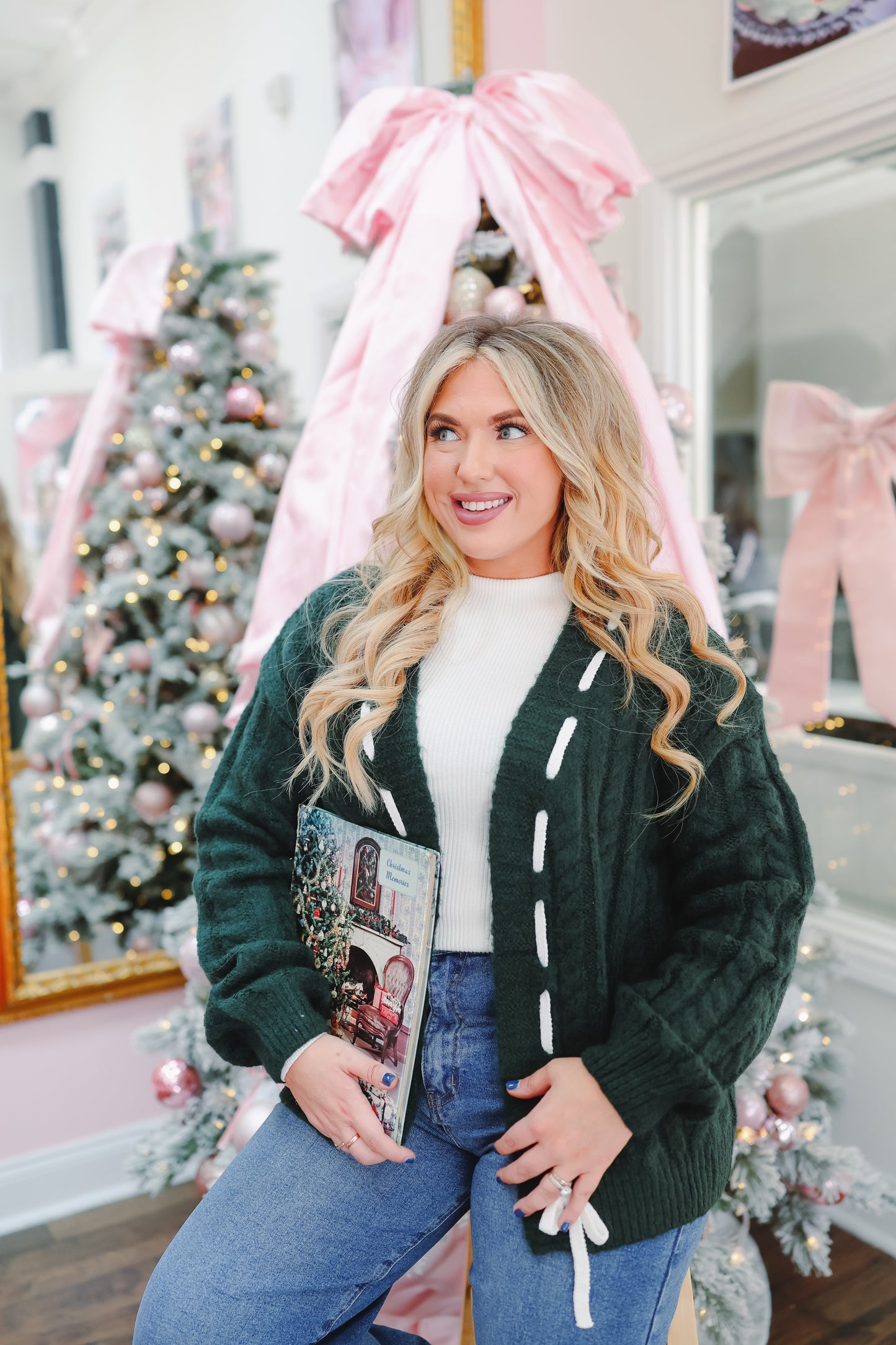 Eve Cable Knit Lace-Up Cardigan - Hunter Green