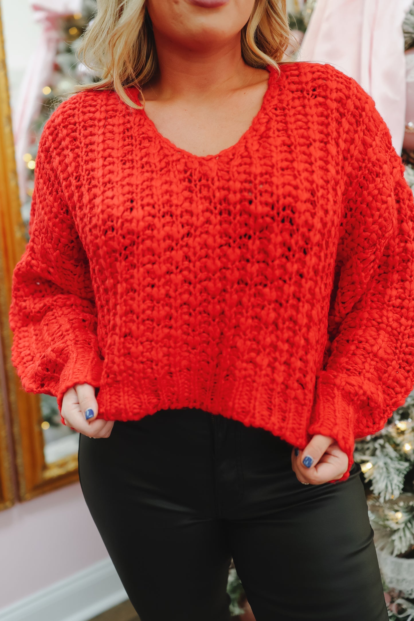Sylvia V-Neck Popcorn Sweater - Red