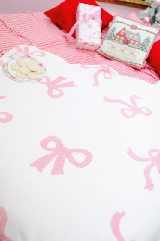 Bow Print Cozy Sherpa Blanket - Cream/Pink