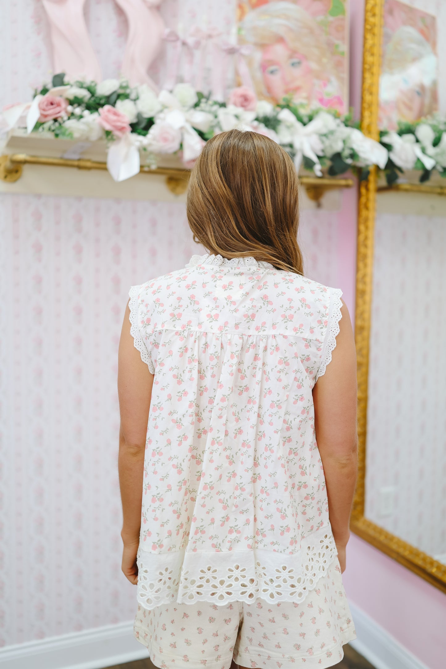 Priscilla Pleated Floral Lace Trim Top - Ivory