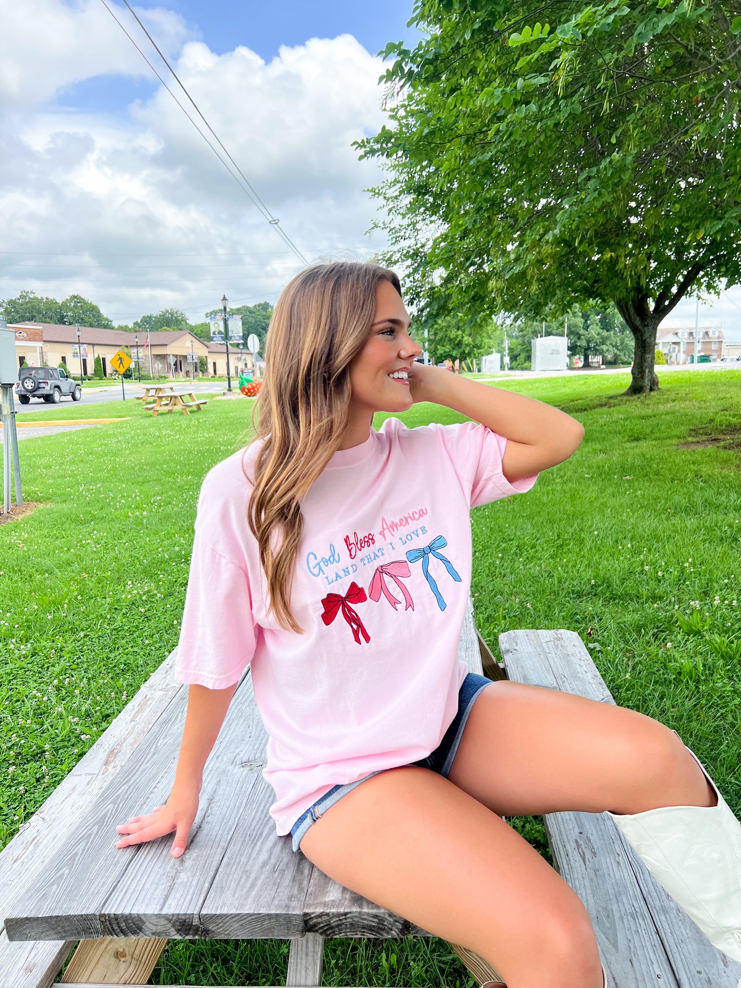 CUSTOM ORDER: God Bless America Tee or Sweatshirt- Baby Pink