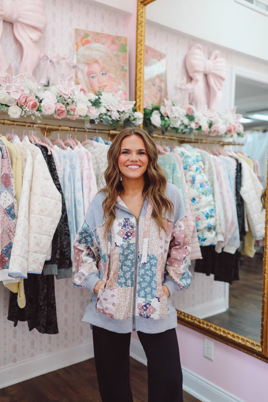 Jennifer Patchwork Zip-Up Hooded Jacket - Heather Grey