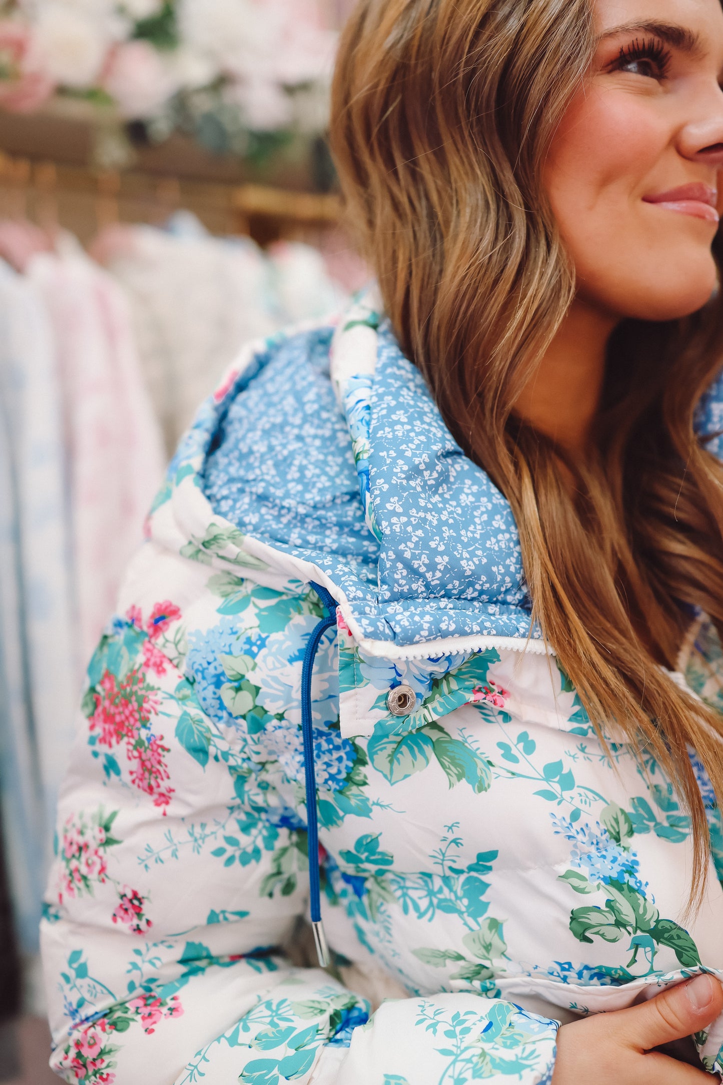 Erin Floral Hooded Puffer Jacket - Blue