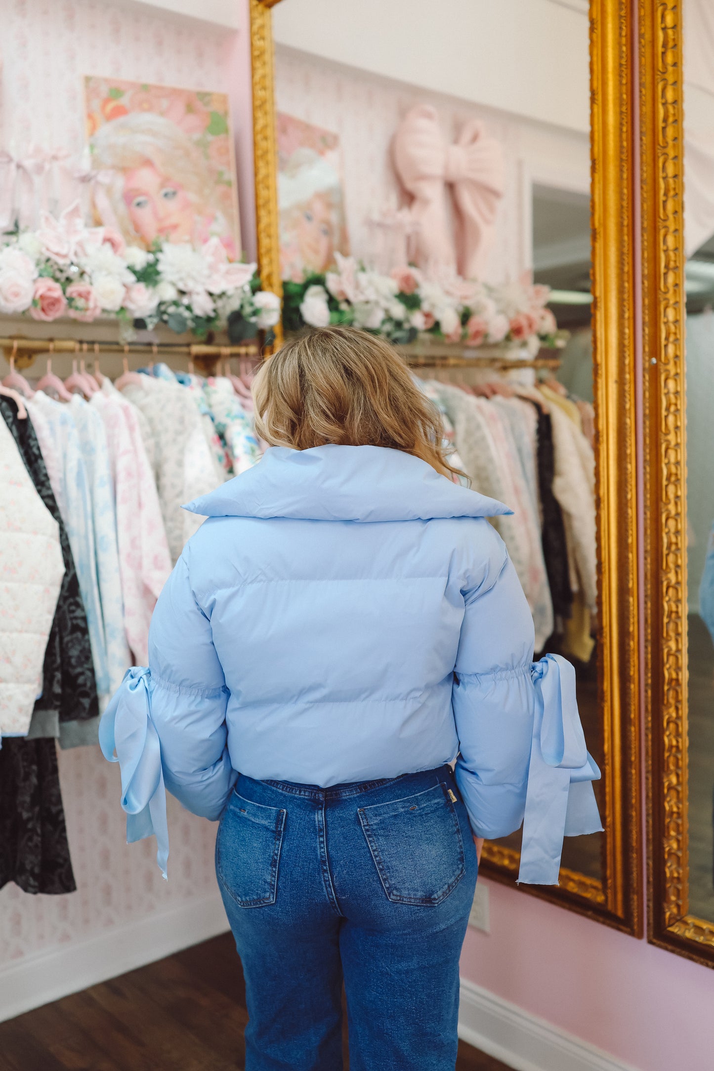 Zena Bow Puffer Jacket - Light Blue