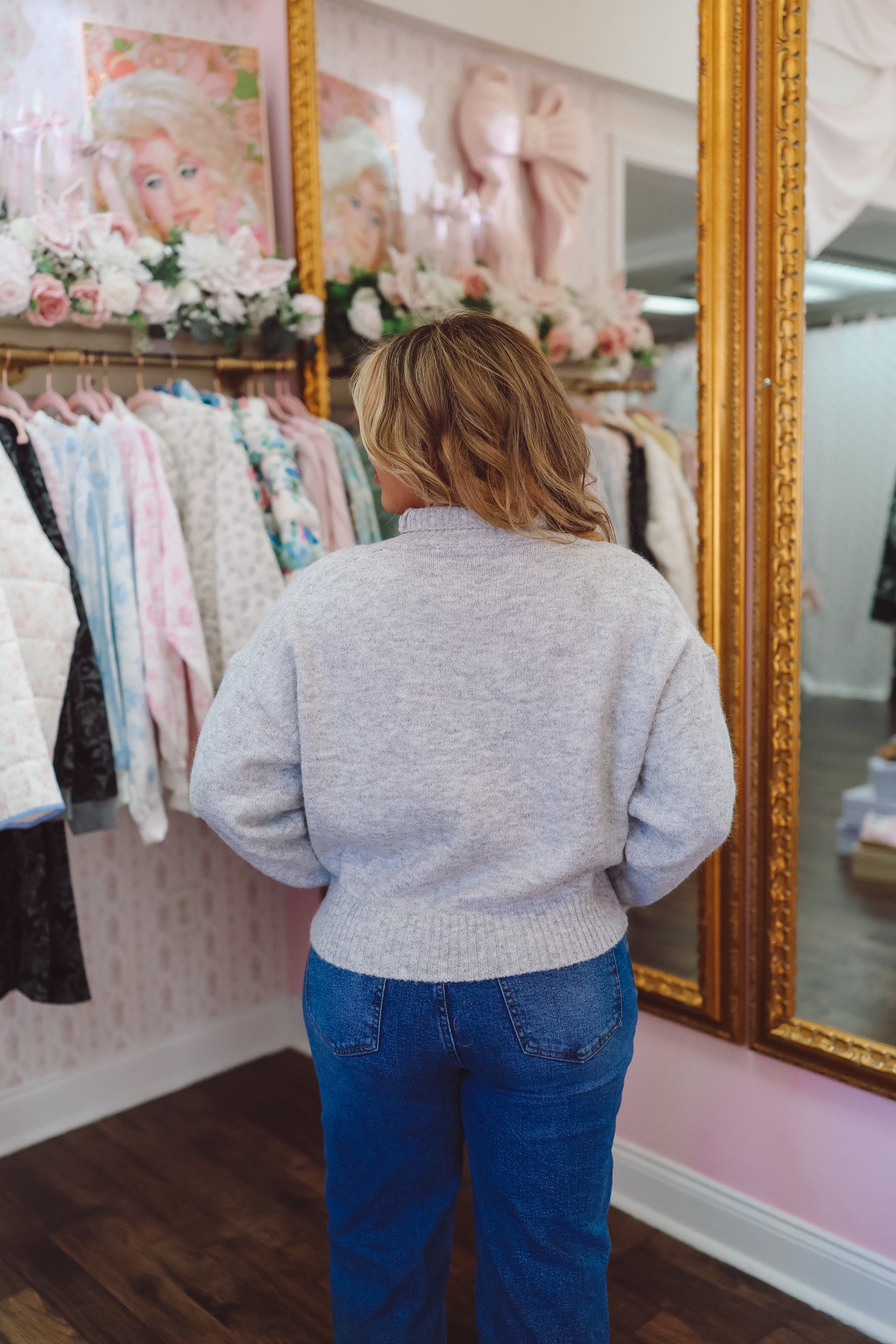 Party Mock Neck Embroidered Sweater - Heather Grey