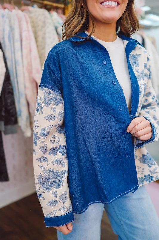 Sharyl Denim Floral Button Up Top - Dark Blue