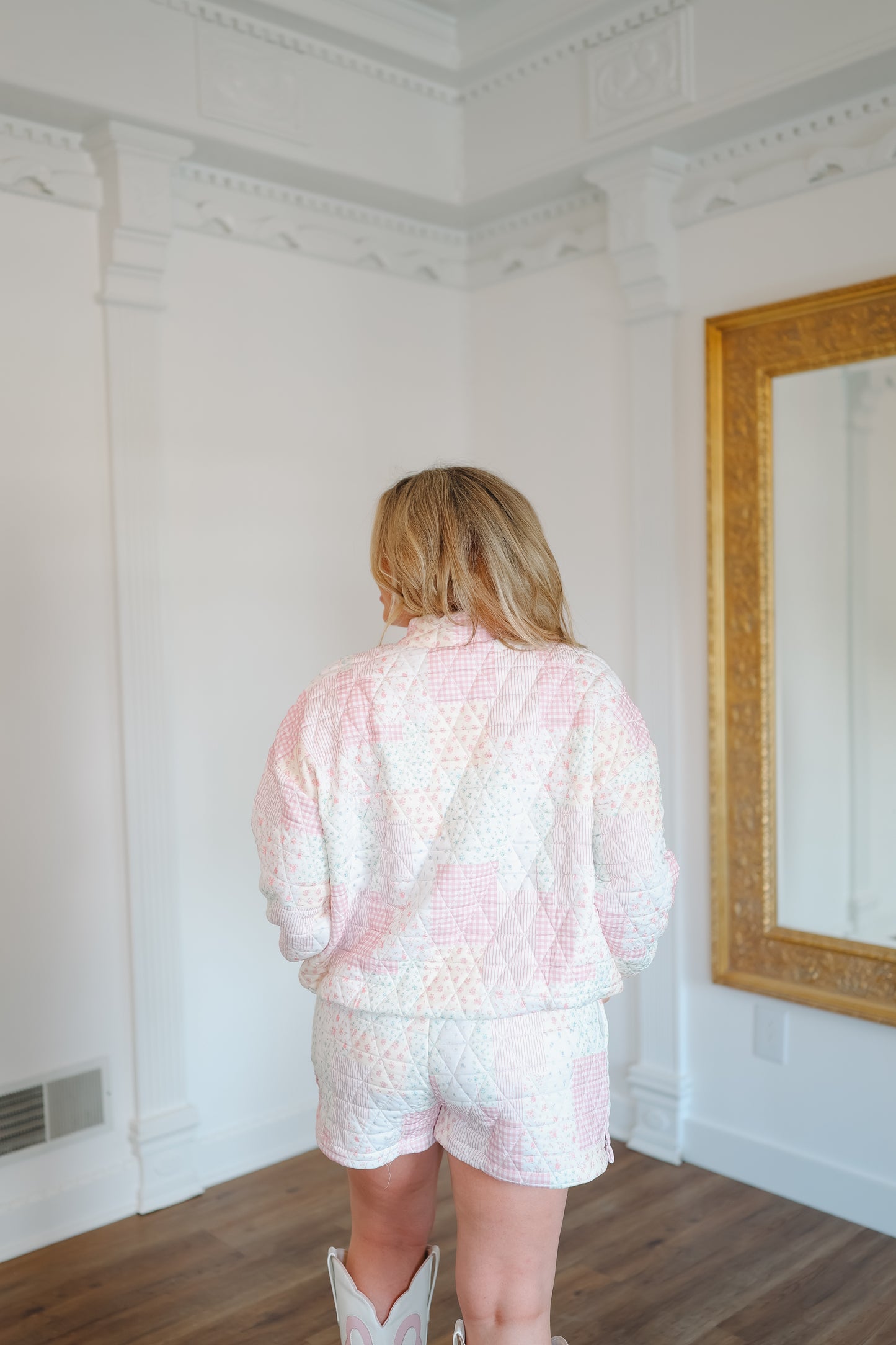 Kathleen Patchwork Quilted Mock Neck Short Set - Pink