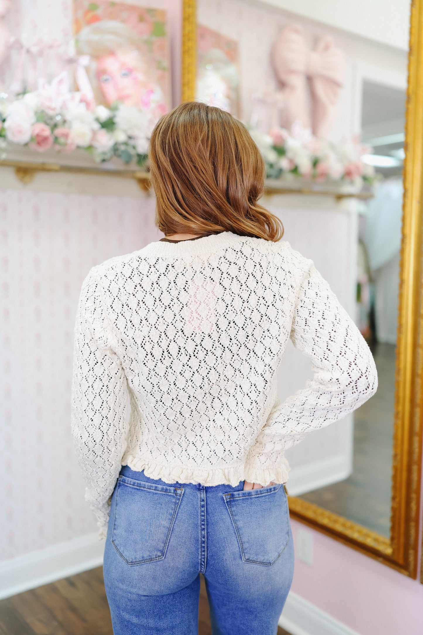 Taylor Ruffle Hem Eyelet Cardigan - Off White