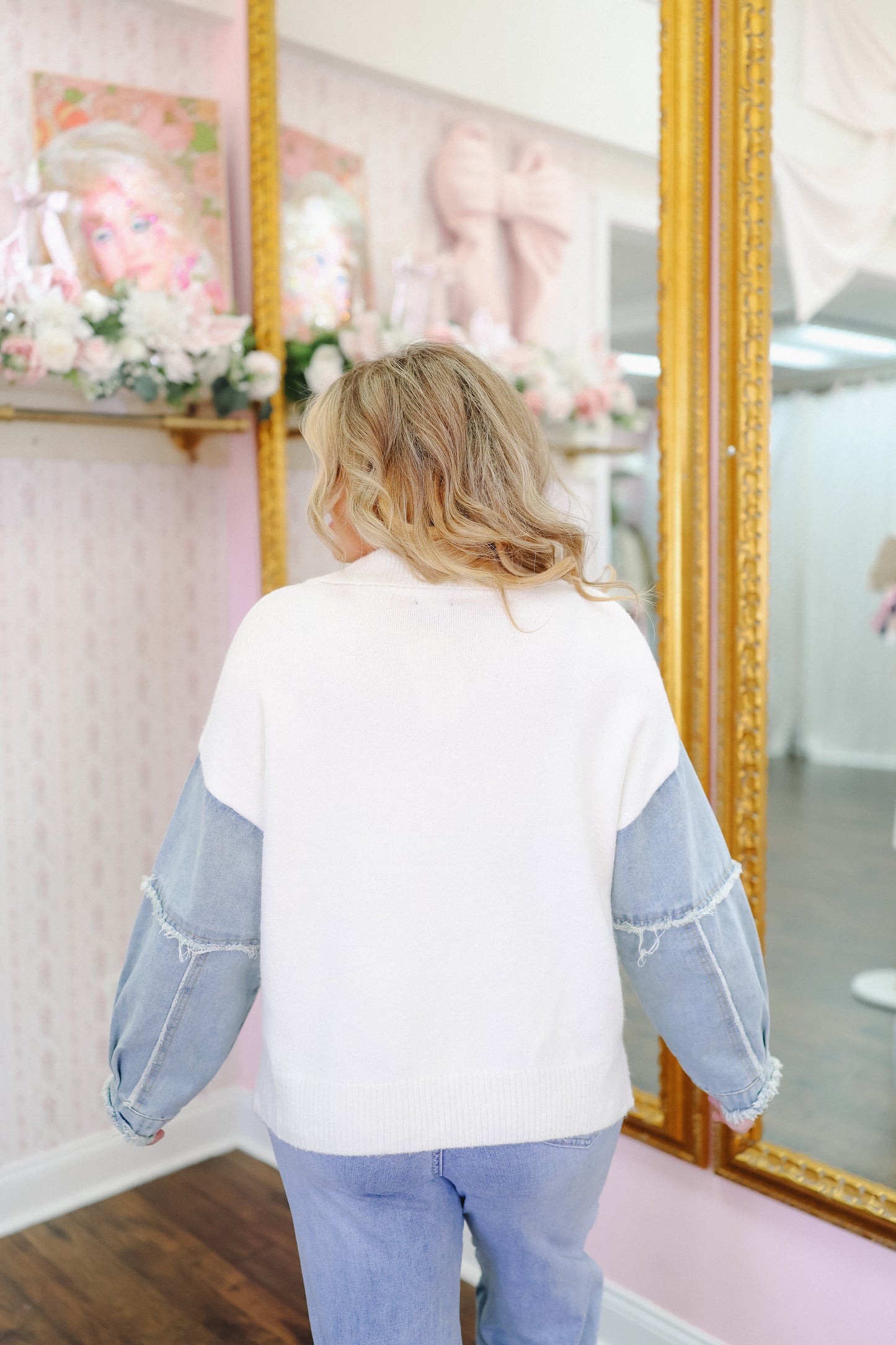 Sharyn Denim Sleeve Collared Zip-Up Pullover - Ivory