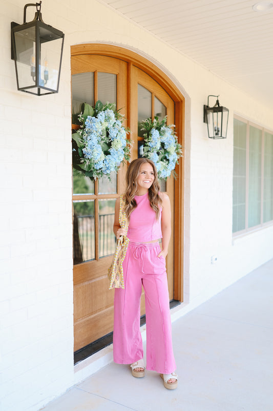 Tia Mineral Washed Tank & Pants Set - Pink