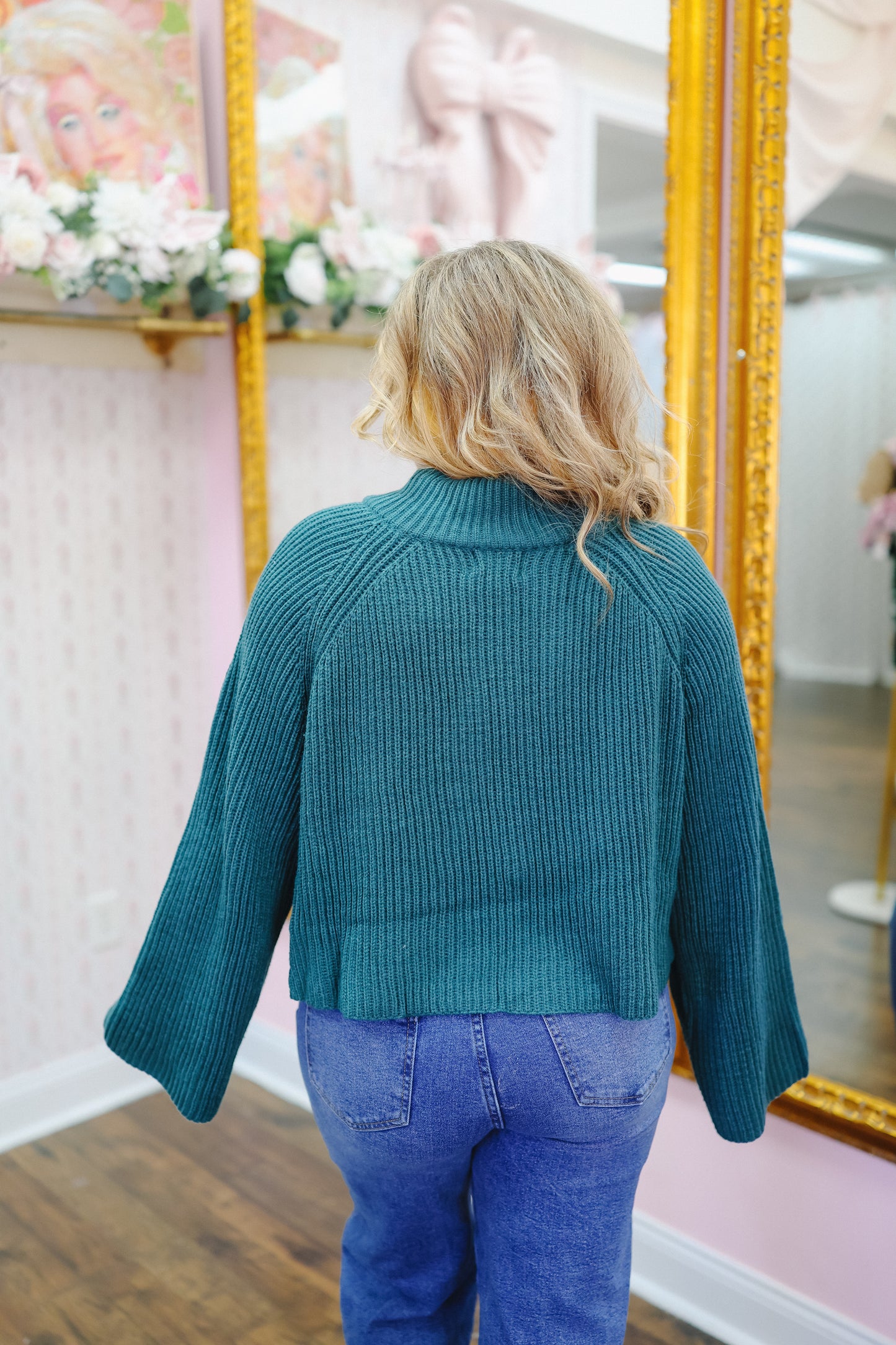 Kenlee Ribbed Zip-Up Sweater Top - Teal