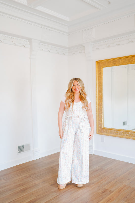 Ashley Stripe Floral Denim Jumpsuit - Off White