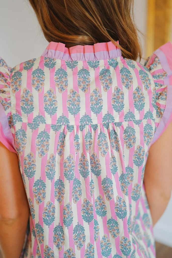 Celeste Striped Floral Print Ruffle Sleeve Top - Pink