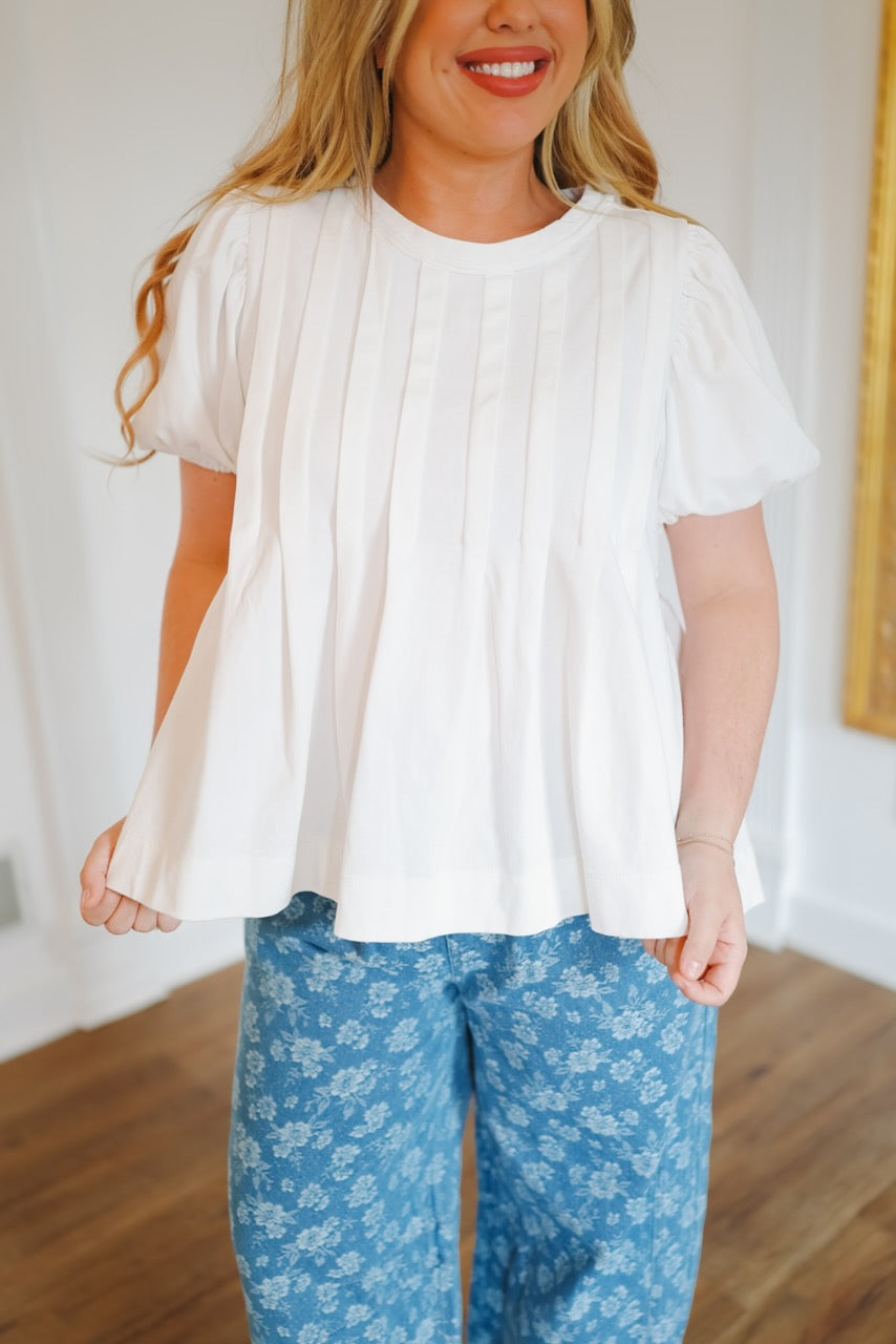 Kristen Bubble Sleeve Pleated Top - Off White