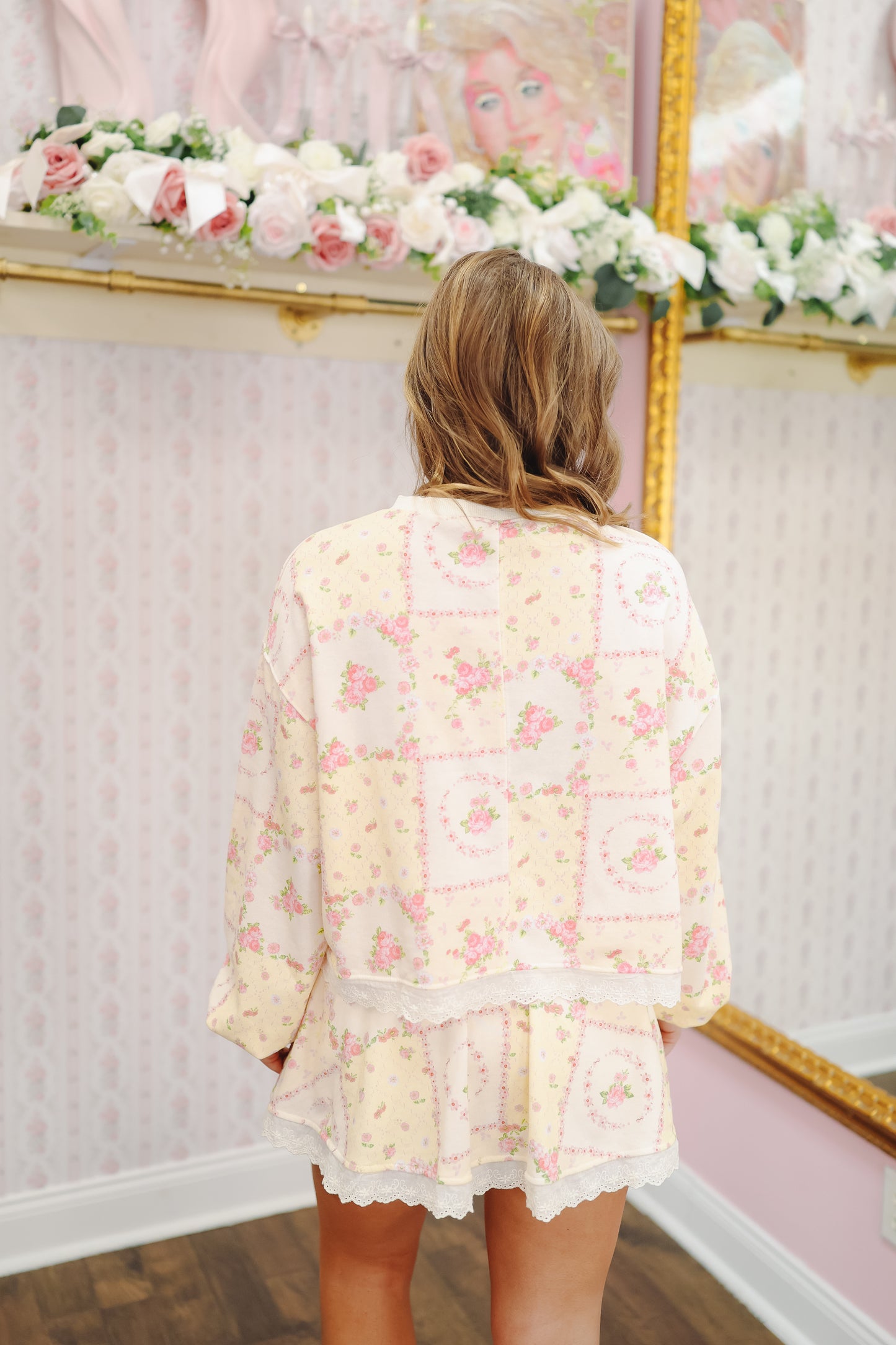 Britt Vintage Floral Lace Trim Skort Set - Light Yellow