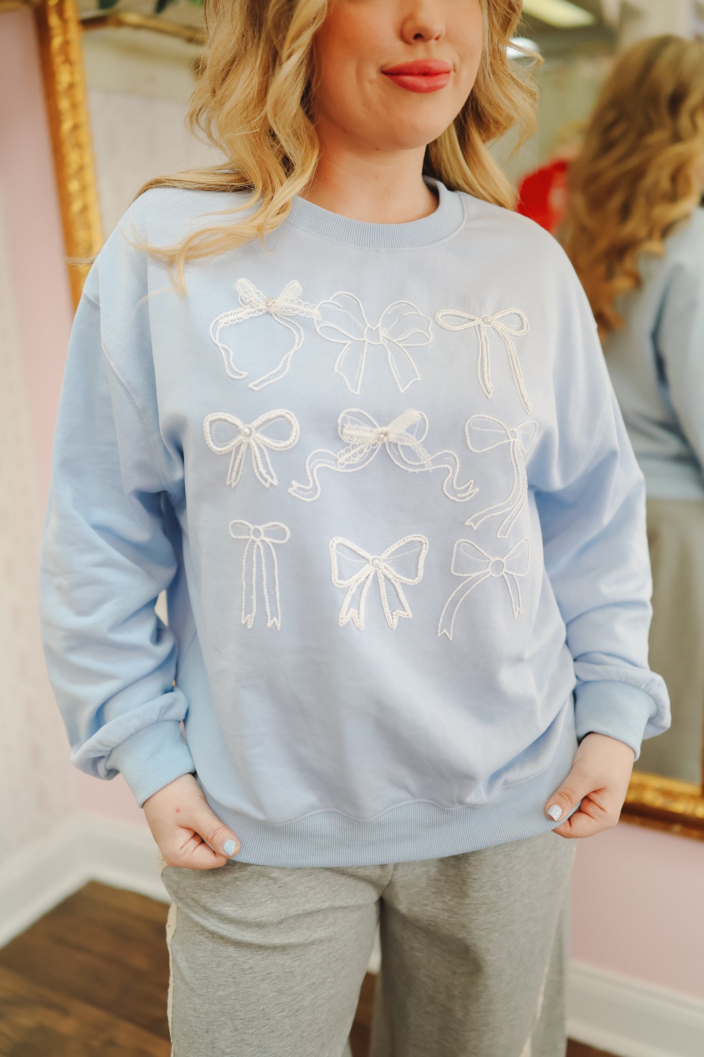 Brooke Pearl Bow Embroidered Pullover - Blue