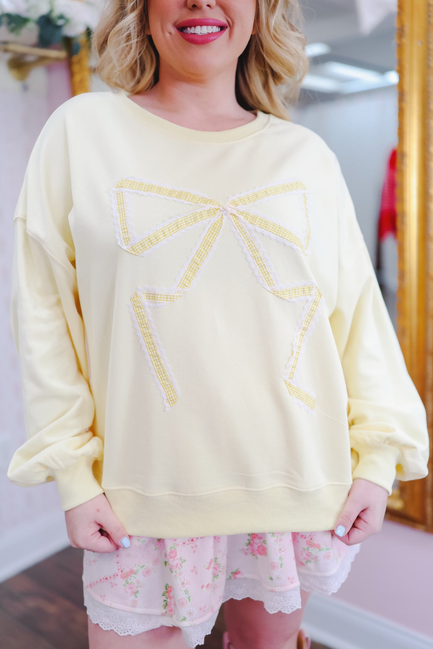 Lisa Embroidered Lace Bow Pullover - Light Yellow