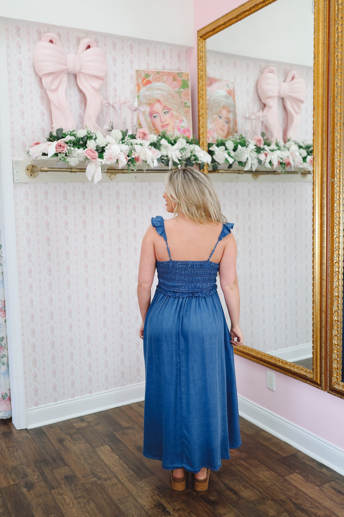 Krissy Smocked Ruffle Strap Denim Midi Dress - Denim