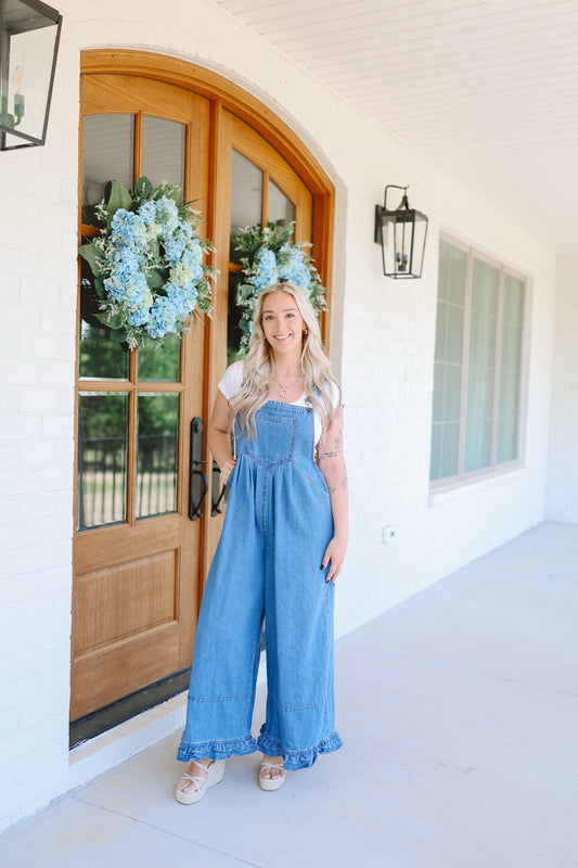 Journey Wide Leg Ruffle Hem Denim Overalls - Medium Wash