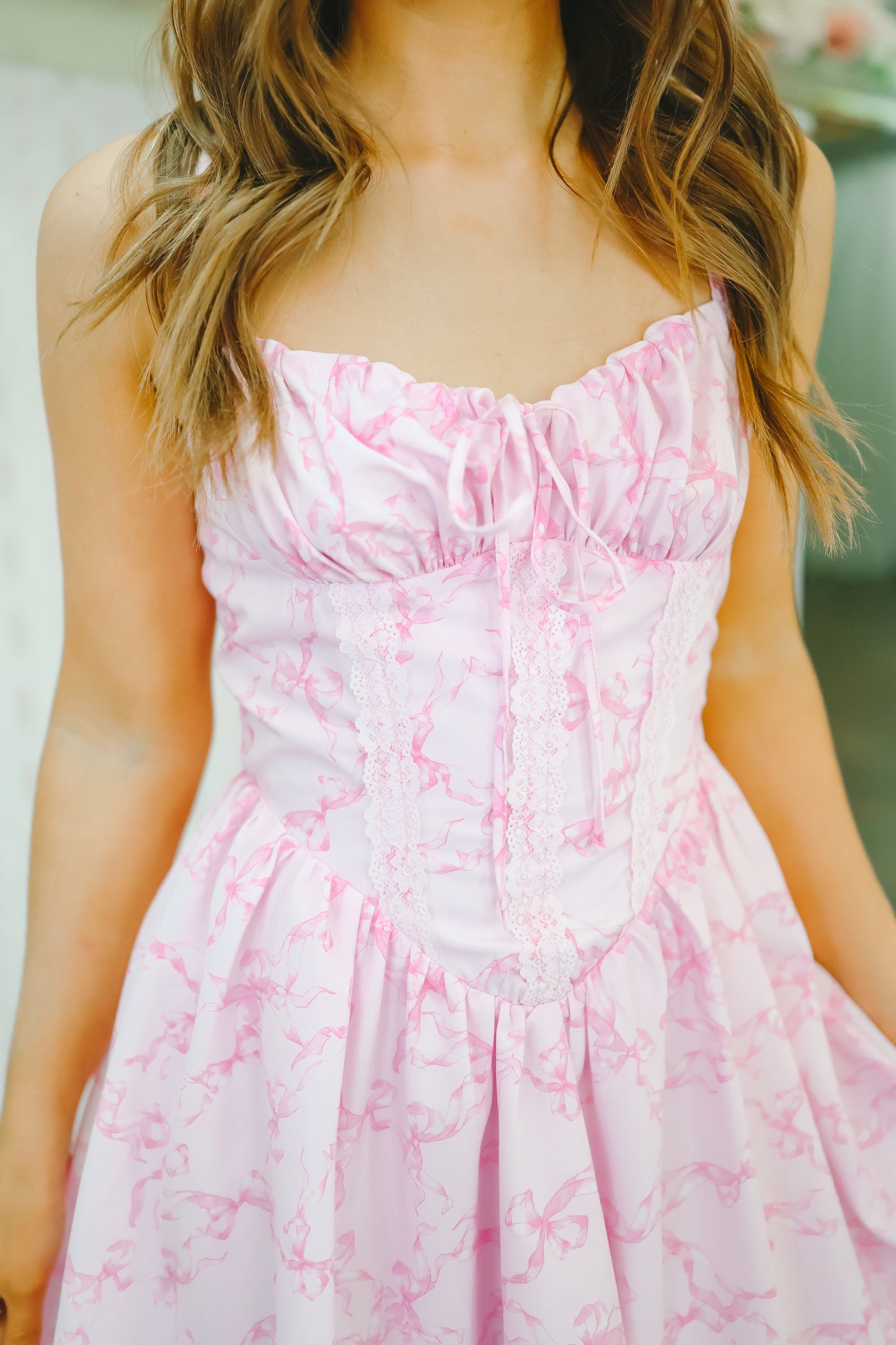 Josie Bow Print Lace Dress - Pink