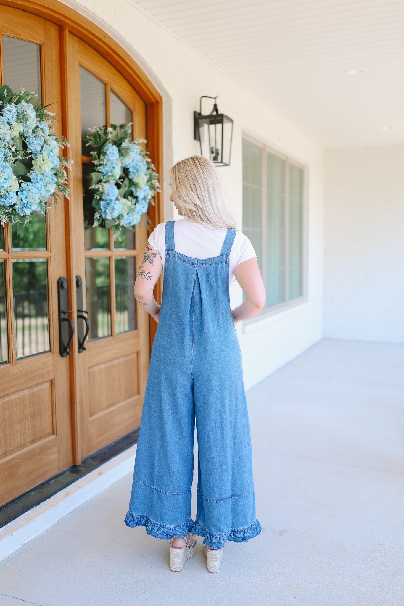 Journey Wide Leg Ruffle Hem Denim Overalls - Medium Wash