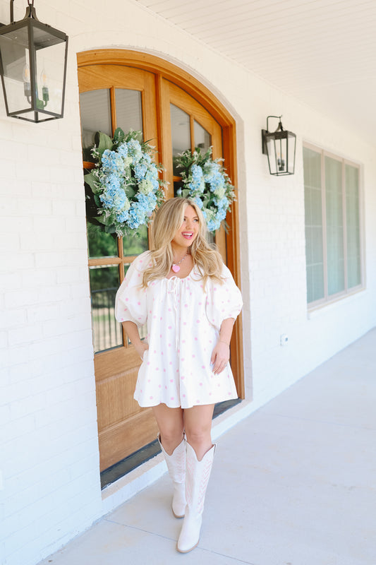 Elsie Bubble Sleeve Polka Dot Romper - Cream/Pink
