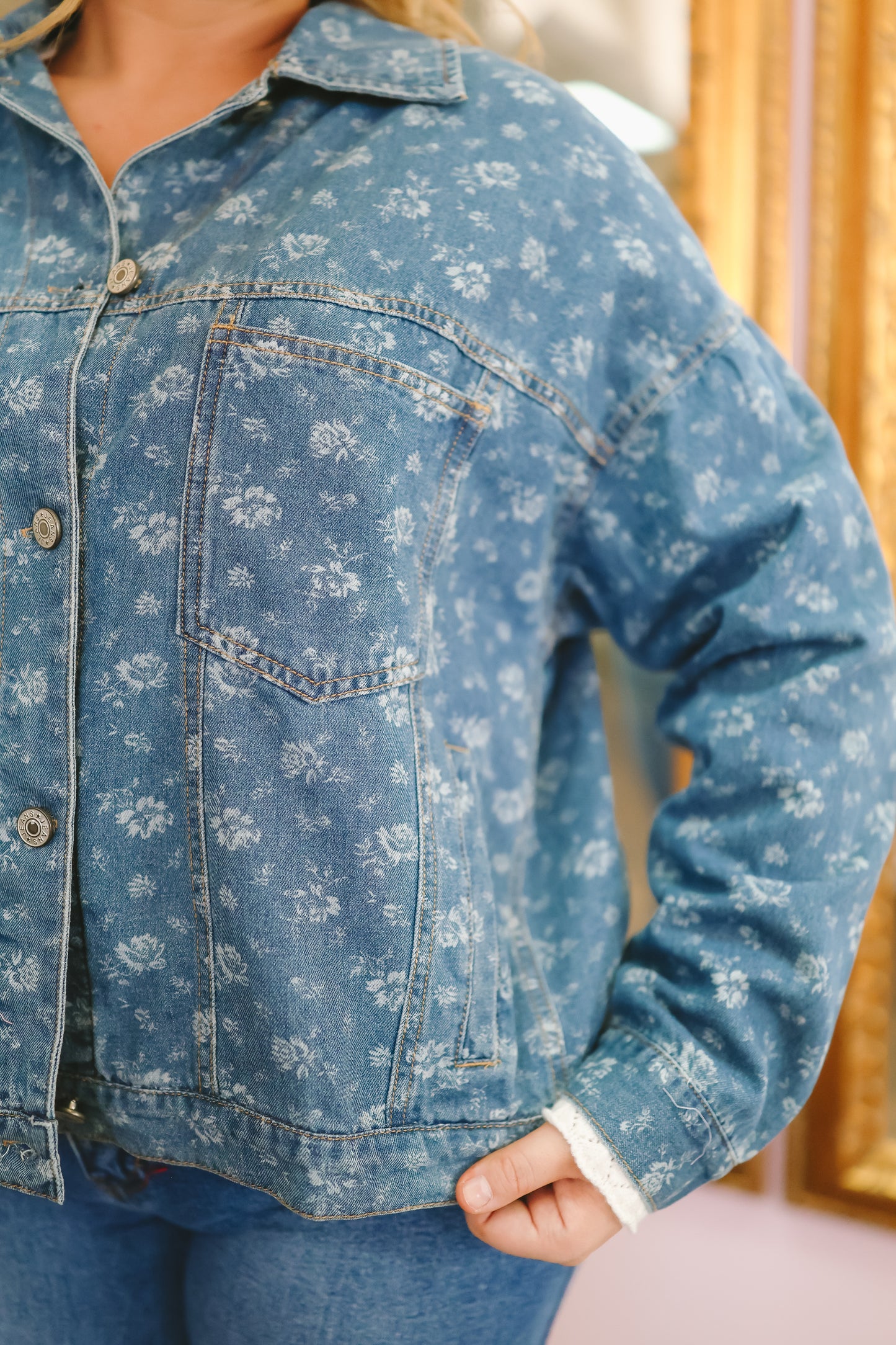 Jolie Floral Denim Jacket - Medium Wash