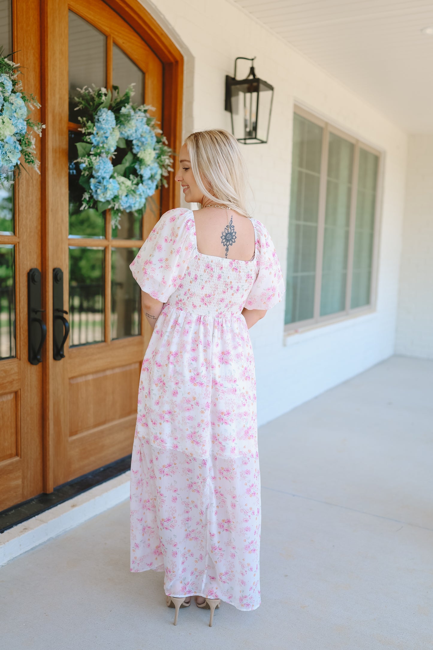 Reid Floral Chiffon Smocked Maxi Dress - Off White/Pink