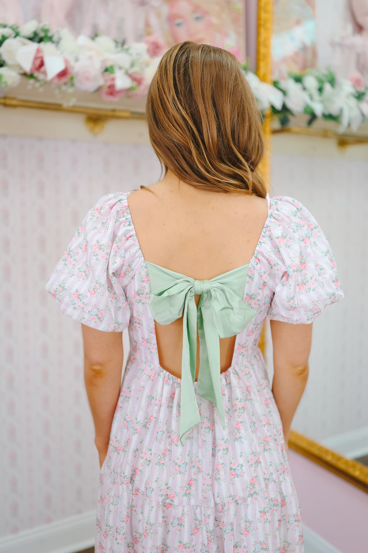 June Floral Bubble Sleeve Back Tie Maxi Dress - Lt. Pink