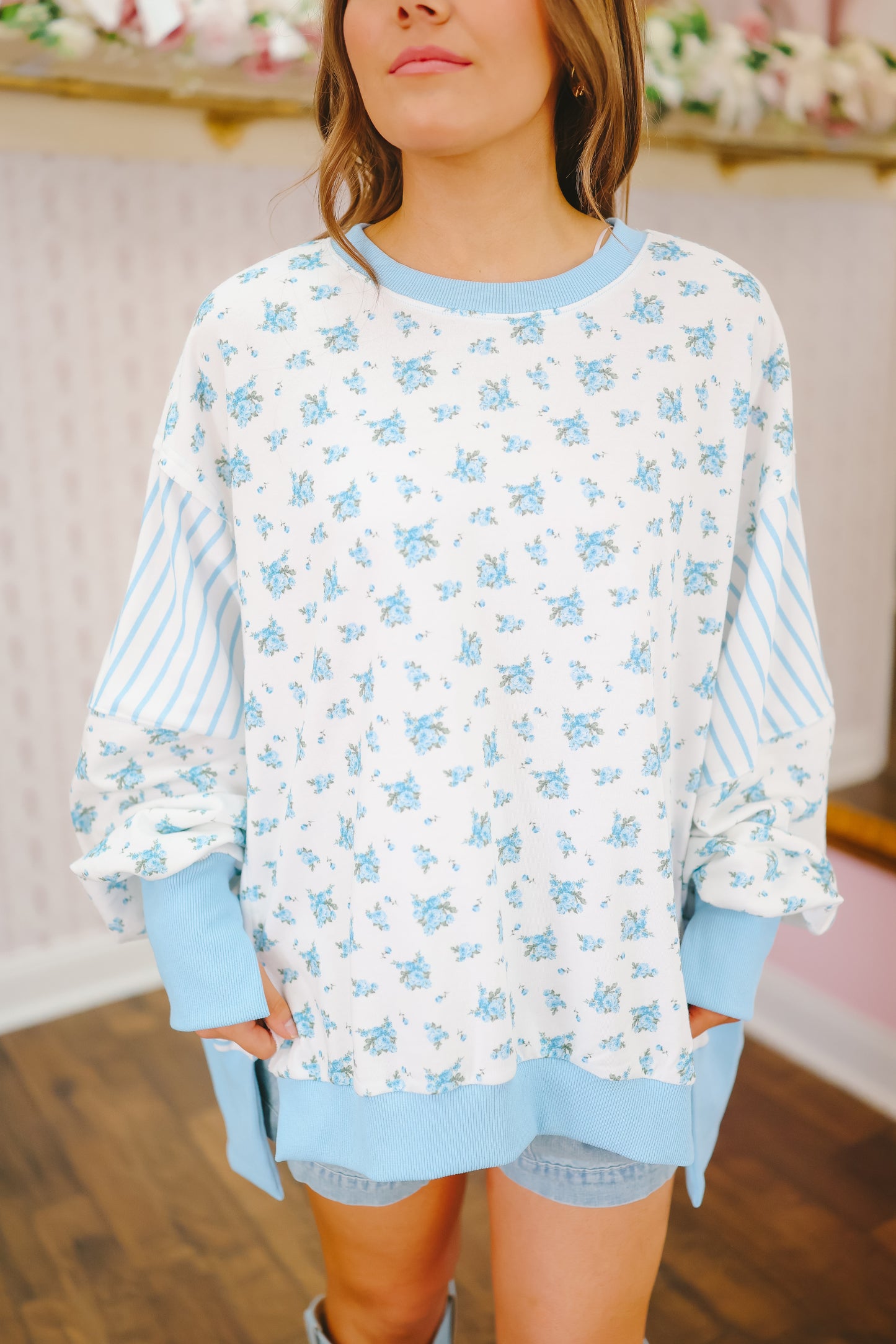 Ellen Mixed Media French Terry Top - Blue