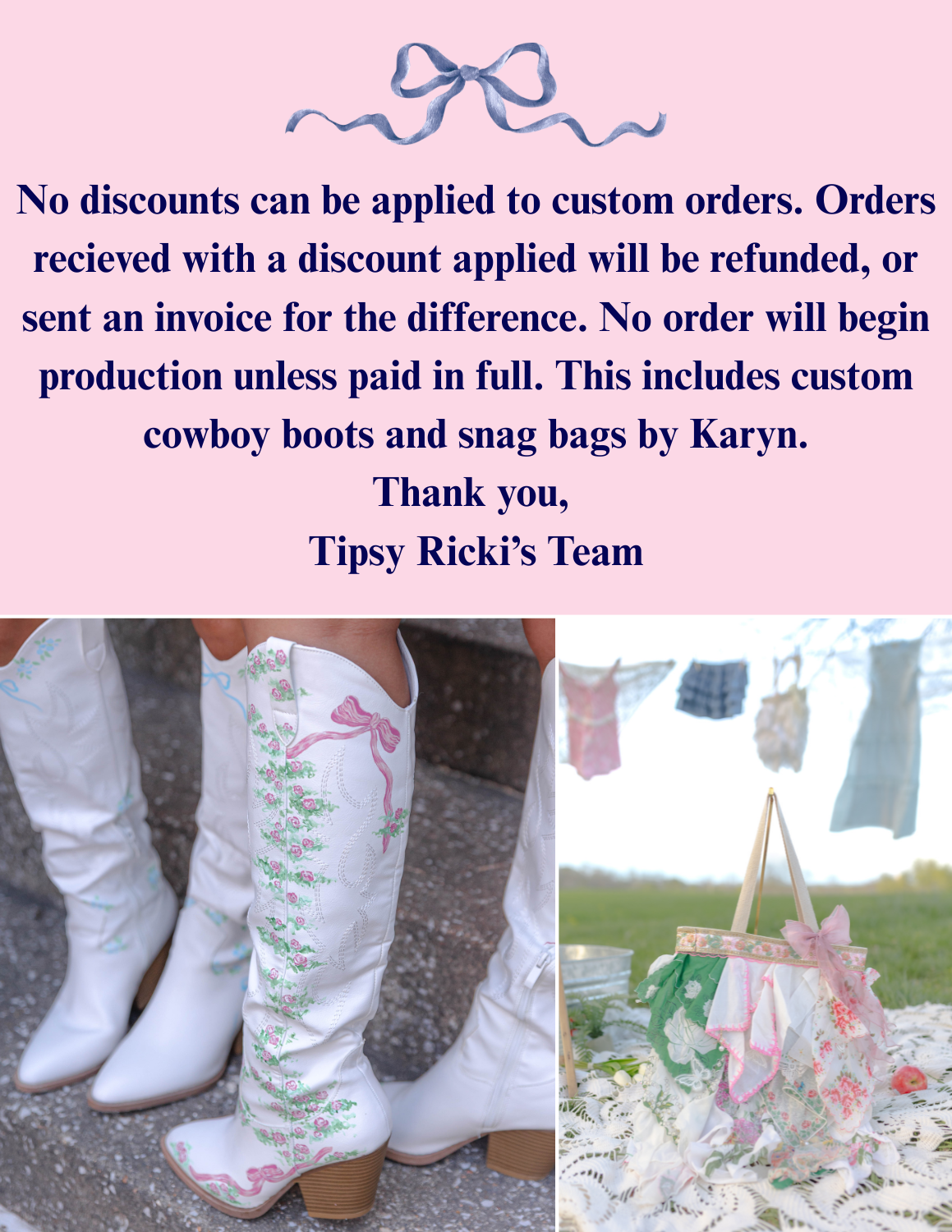 NO DISCOUNTS CAN BE APPLIED TO CUSTOM ORDERS- ORDERS WILL BE CANCELED IF DISCOUNT IS APPLIED