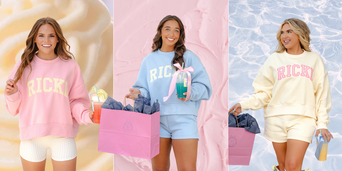 Model wearing light beige embroidered pullover and matching shorts from The Ricki Lifestyle Collective.