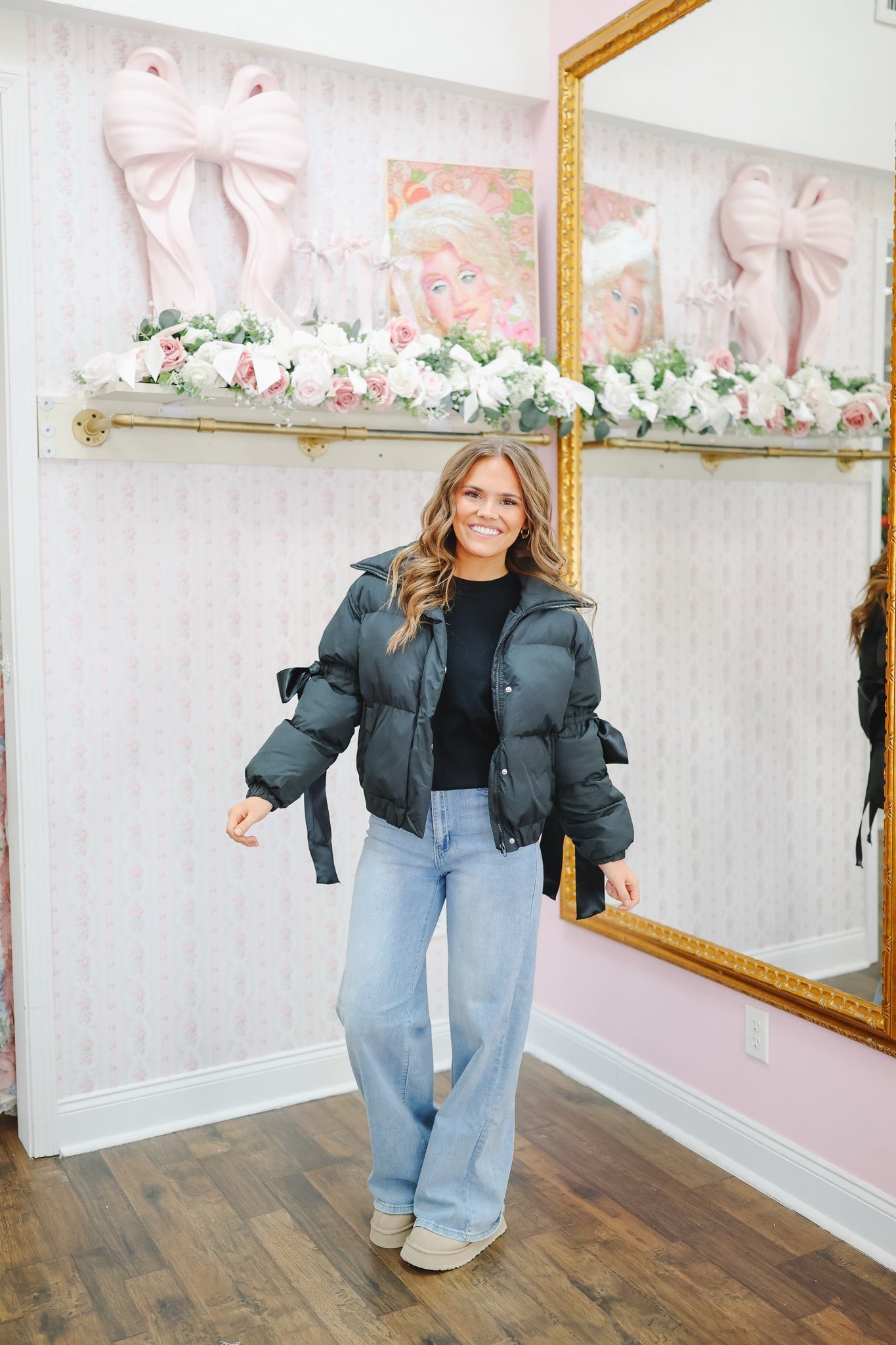 Zena Bow Puffer Jacket - Black