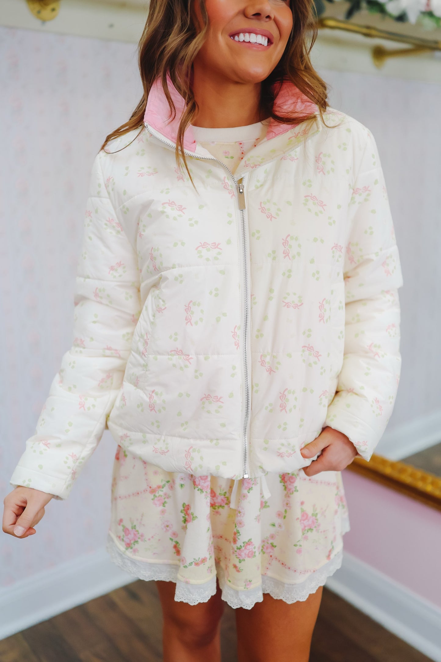 Beth Bow Print Puffer Jacket - Cream