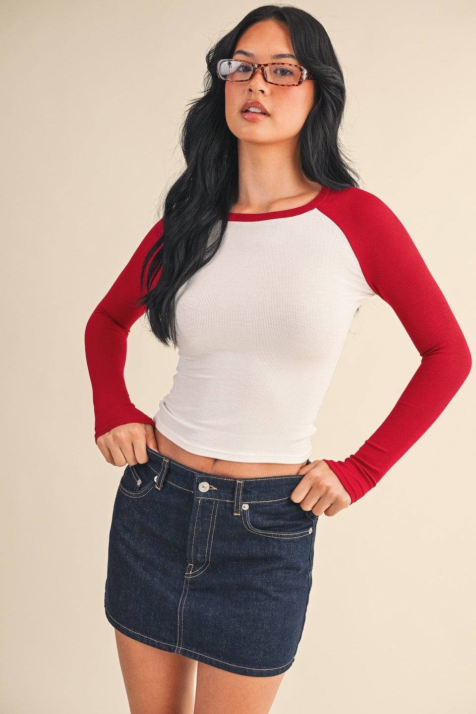 Carol Long Sleeve Raglan Top - Red/White