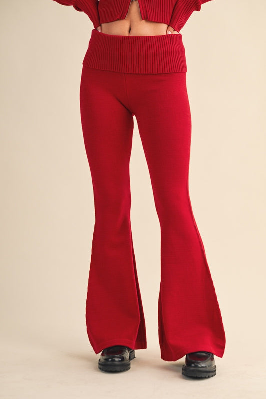 Carol Foldover Knit Flare Pants - Red