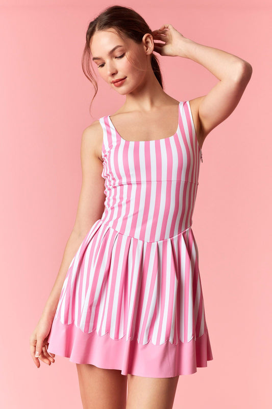 Clarissa Striped Scalloped Pleated Active Dress - Pink