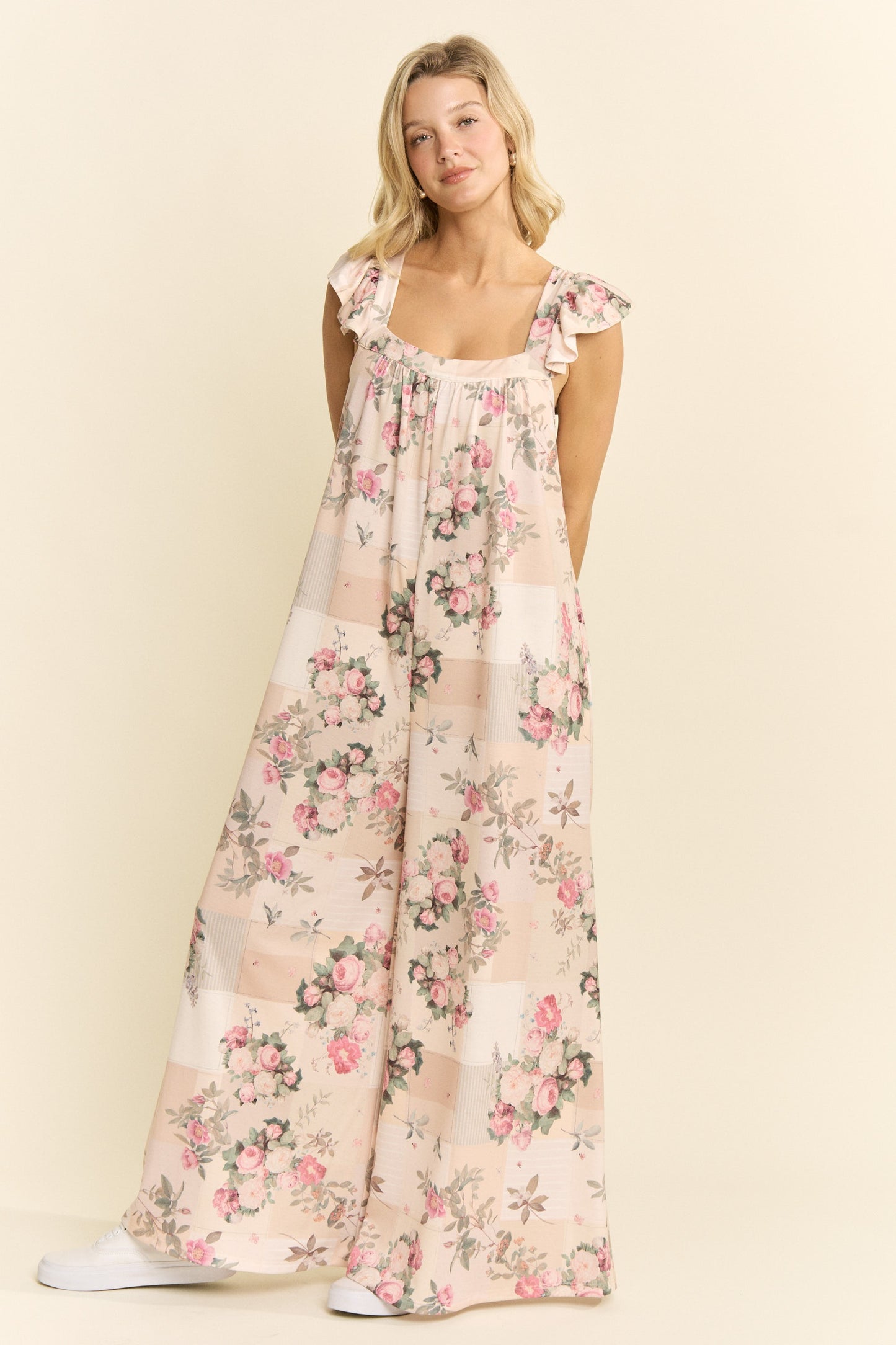 Steph Vintage Floral Wide-Leg Jumpsuit - Beige