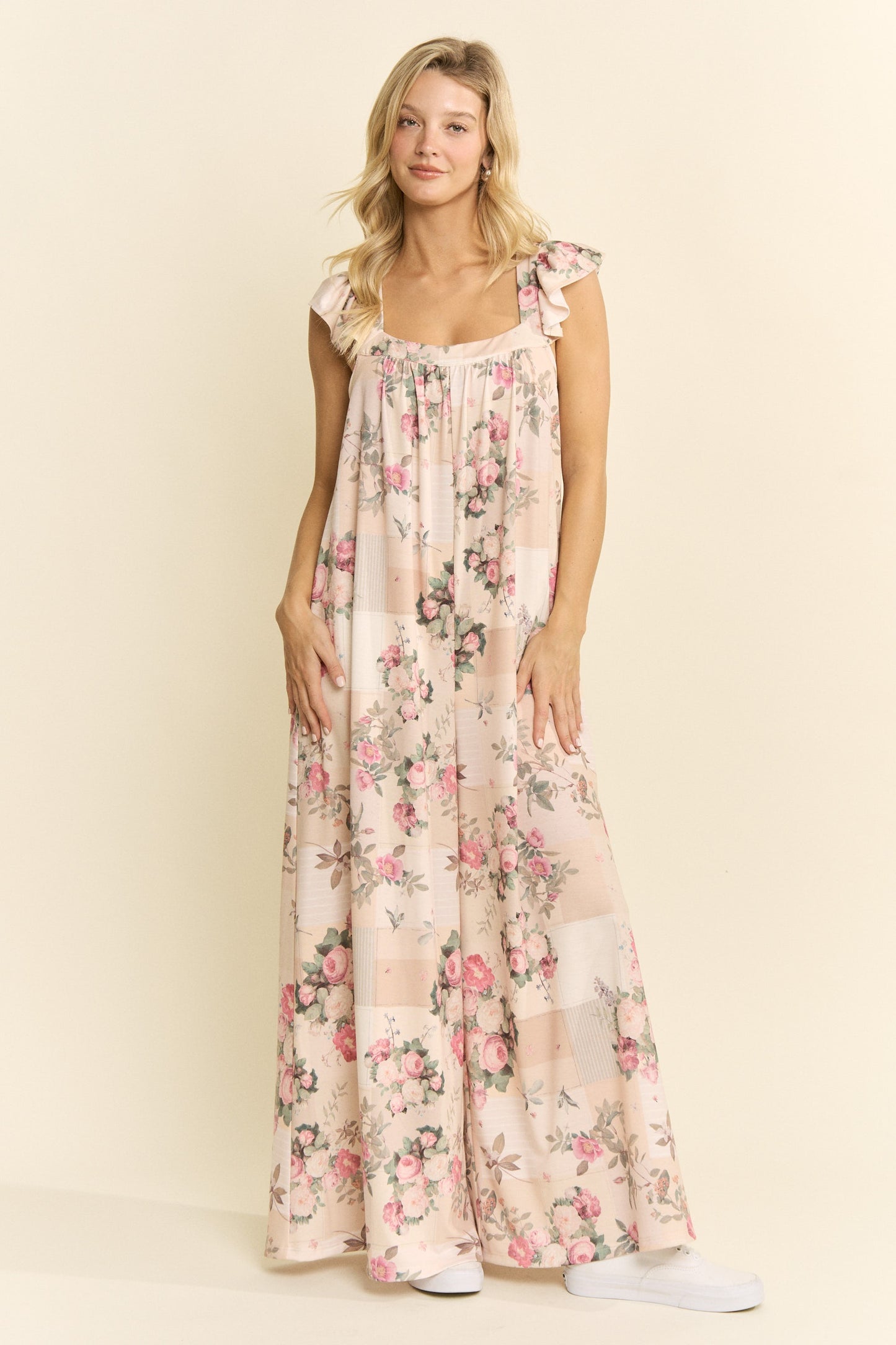 Steph Vintage Floral Wide-Leg Jumpsuit - Beige