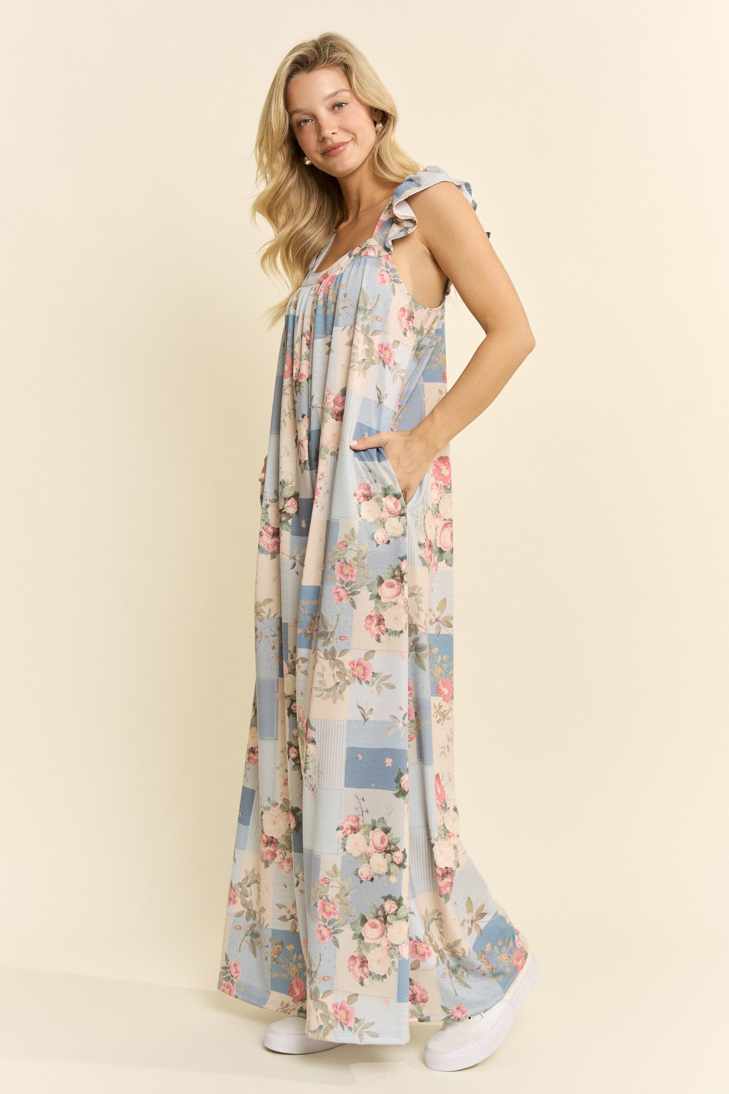 Steph Vintage Floral Wide-Leg Jumpsuit - Light Blue