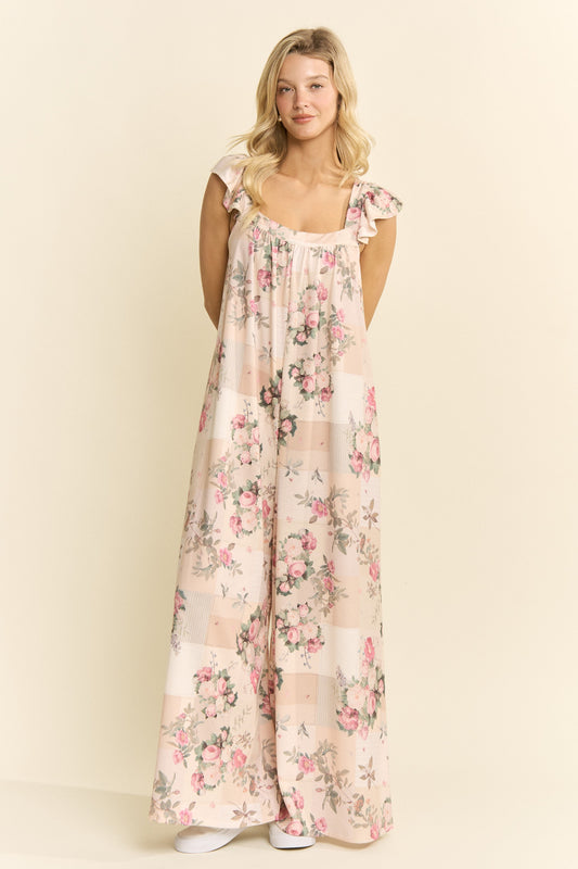 Steph Vintage Floral Wide-Leg Jumpsuit - Beige